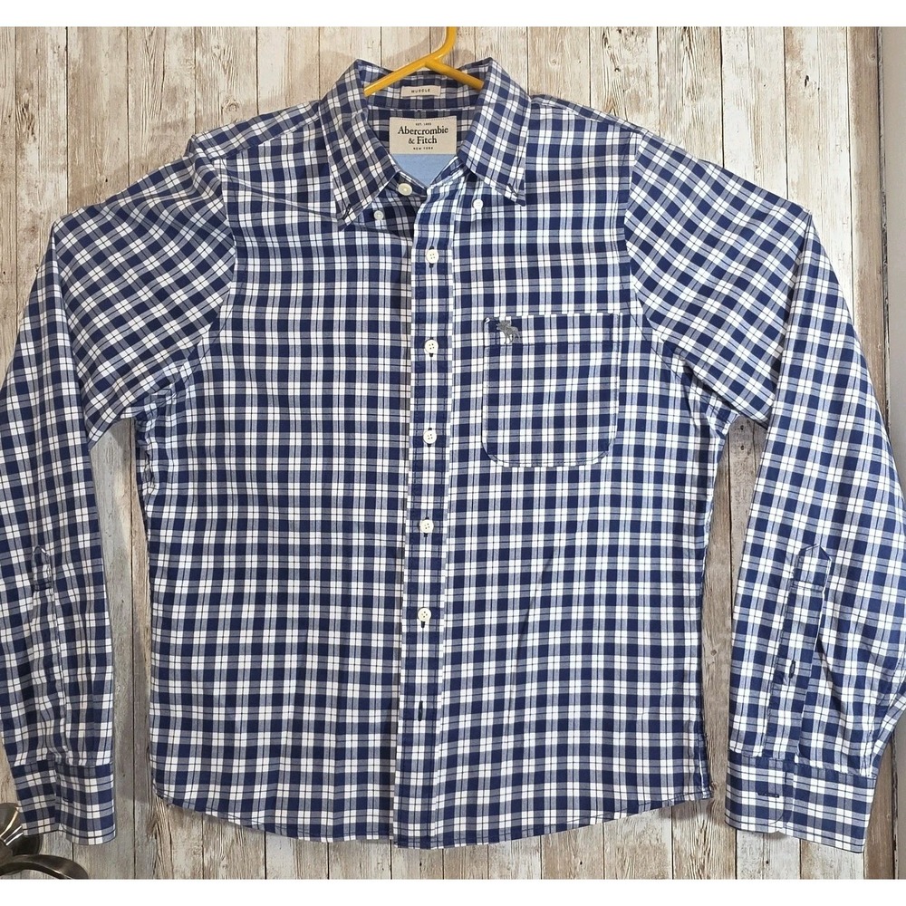 Abercrombie & Fitch Men's Plaid Check Muscle Fit Button-Down Shirt Blue White XL - Picture 4 of 9